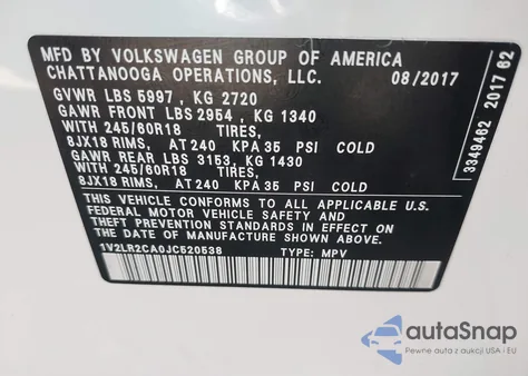 2018 Volkswagen Atlas 3.6L V6 Se/3.6L V6 Se W/Technology из США, поврежденный, VIN 1V2LR2CA0JC520538